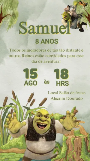 Convite Animado Aniversário Shrek para Editar Online