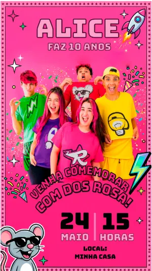Convite de Aniversário Youtuber Dos Rosa Modelo Digital