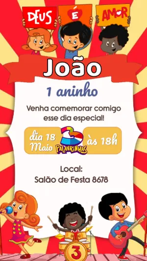 Convite de Aniversário 3 Palavrinhas Musical Modelo Editável