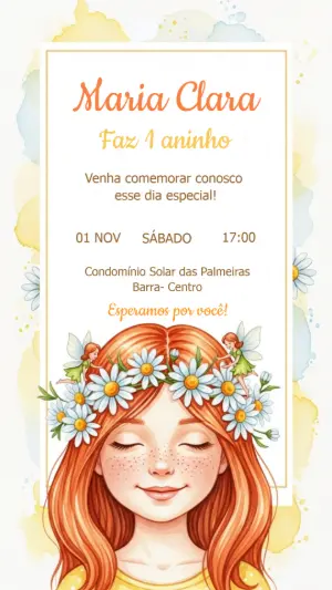 Convite Aniversário Margaridas e Fadas para Editar Online
