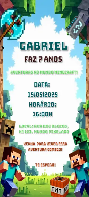Convite de Aniversário Minecraft com Personagens para Editar