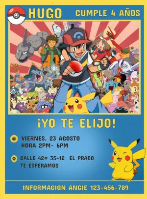 Invitación de Cumpleaños Pokémon para Editar | Modelo Infantil