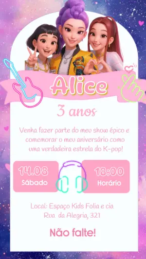 Convite Aniversário K-Pop com Personagens para Editar Online