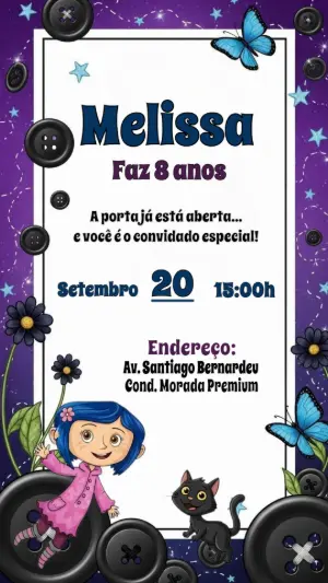 Convite Aniversário Coraline com Personagens para Editar Online