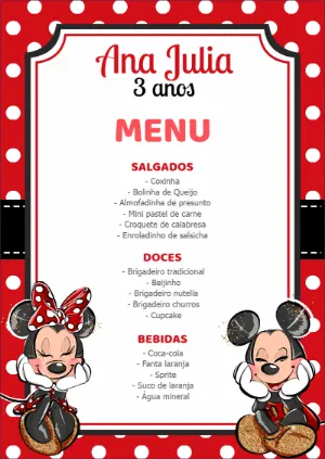 Cardápio de Aniversário Minnie Mouse Vermelha para Editar