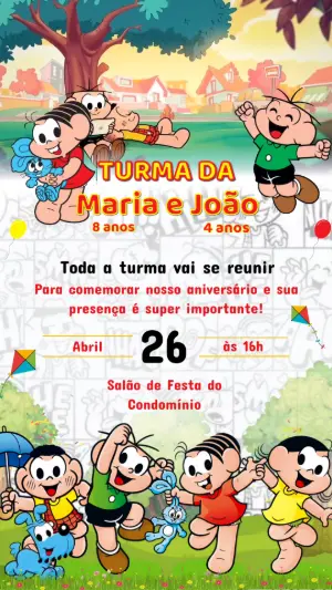 Vídeo Convite Turma da Mônica Aniversário Duplo para Editar