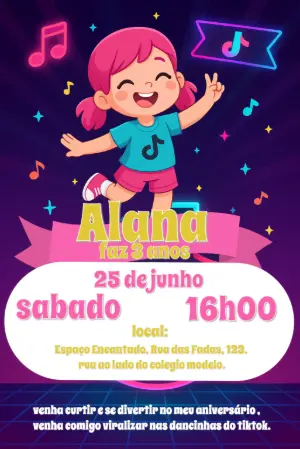 Convite Aniversário Tiktok Menina Editável para Imprimir
