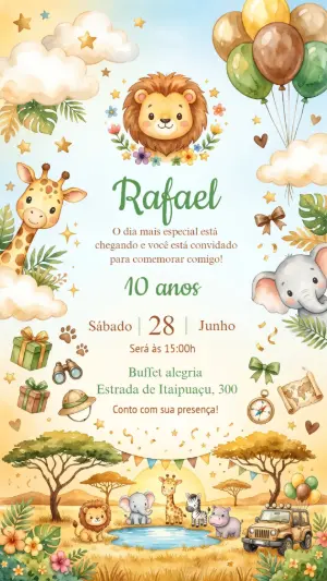 Convite de Aniversário Tema Safari Aquarela Editável