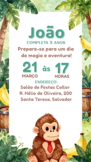 Convite de Aniversário Selva com Macaquinho Editável