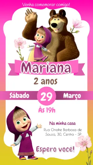 Convite de Aniversário Masha e o Urso Rosa para Editar