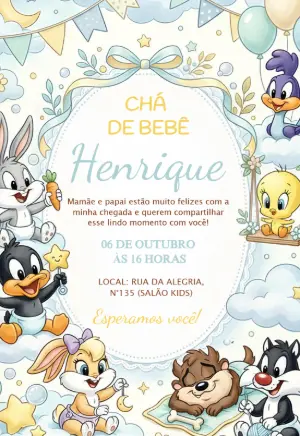 Convite Chá de Bebê Baby Looney Tunes Fofo para Editar