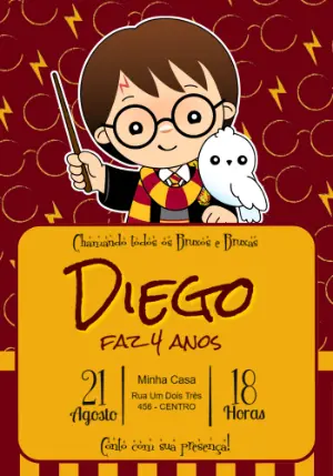 Convite de Aniversário Harry Potter Fofo para Editar Online