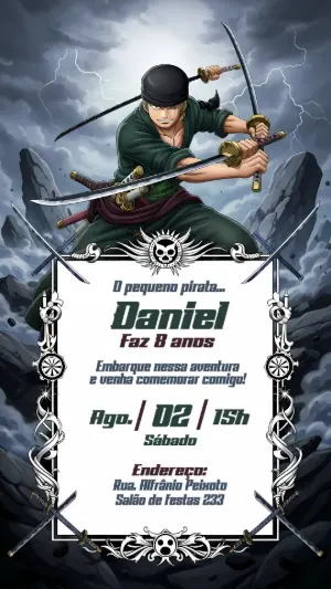 Convite Aniversário One Piece Zoro para Editar Online