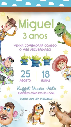 Convite de Aniversário Toy Story Aquarela para Editar