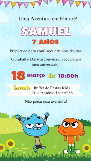 Convite de Aniversário Gumball e Darwin Colorido para Editar