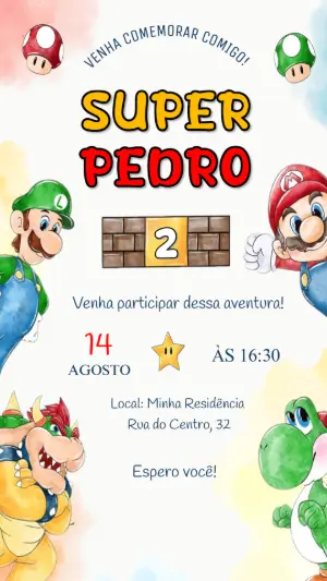 Convite de Aniversário Super Mario Aquarela para Editar