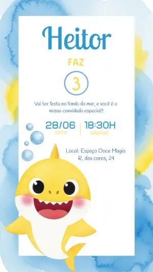 Convite Aniversário Baby Shark Amarelo para Editar Online