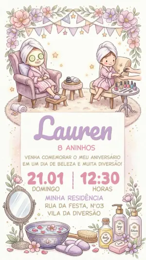 Convite de Aniversário Spa Infantil Aquarela para Editar