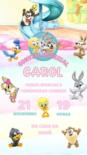 Convite Animado Aniversário Baby Looney Tunes para Editar