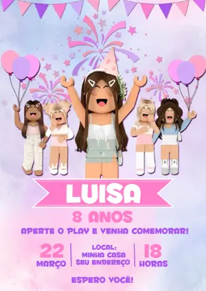 Convite de Aniversário Roblox Menina Rosa e Lilás Editável