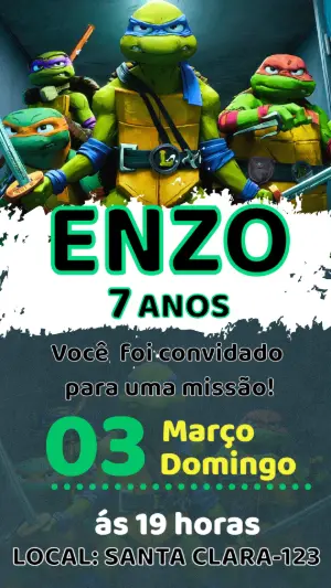 Convite de Aniversário Tartarugas Ninja | Modelo Digital Editável