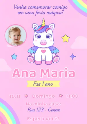 Convite Aniversário Unicórnio com Foto para Editar Online