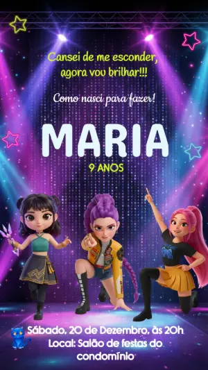 Convite de Aniversário Guerreiras do kpop para Editar