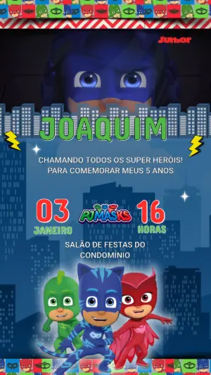 Vídeo Convite de Aniversário PJ Masks para Editar Online