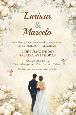 Convite Bodas de Algodão Rústico com Aquarela Editável