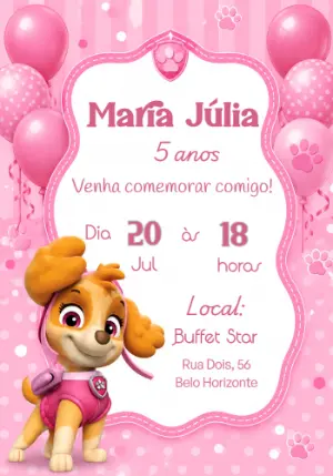 Convite de Aniversário Skye Patrulha Canina Rosa Editável