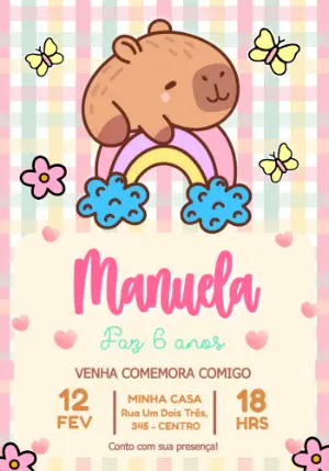 Convite Digital Infantil Tema Capivara Fofa Editável