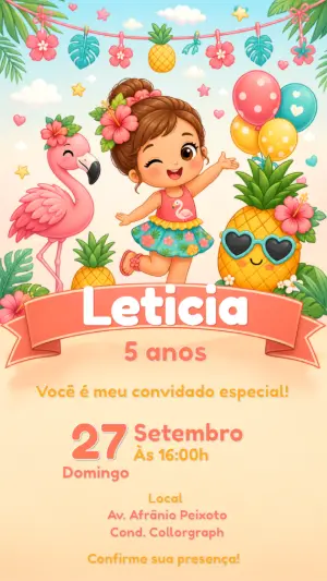 Convite de Aniversário Flamingo e Moana Digital para Editar