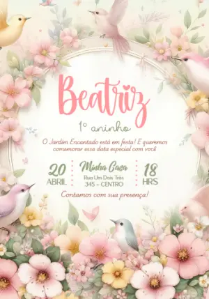 Convite de Aniversário Jardim Encantado com Pássaros Editável