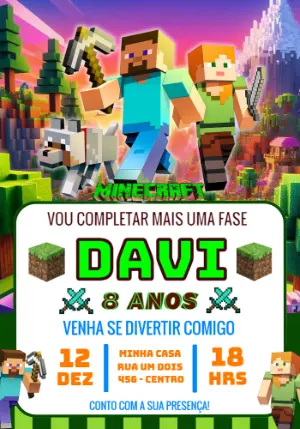 Convite Digital Minecraft para Festa Infantil Editável
