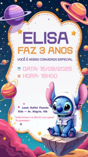 Convite Aniversário Stitch Astronauta para Editar Online