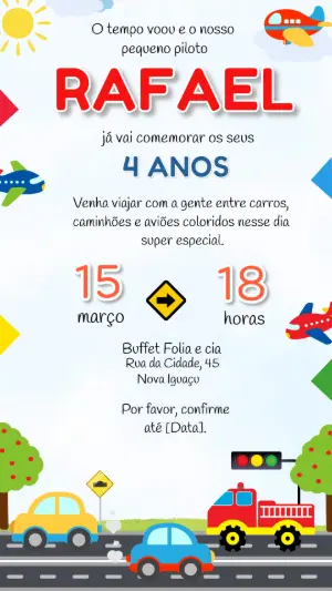 Convite de Aniversário Carros e Aviões Colorido para Editar