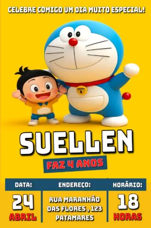 Convite de Aniversário Infantil Doraemon Editável