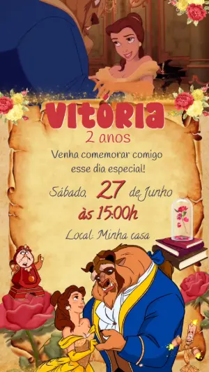 Convite Animado Aniversário A Bela e a Fera para Editar