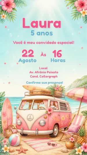 Convite de Aniversário Kombi Rosa Tropical para Editar