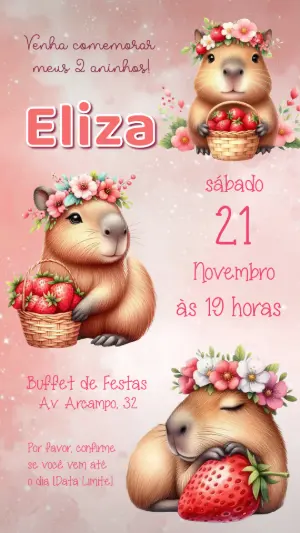 Convite de Aniversário Capivara Fofa Rosa | Modelo Editável