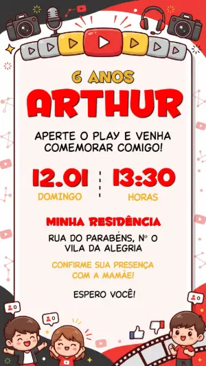 Convite de Aniversário Youtuber Infantil para Editar Online