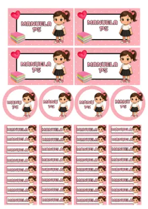 Kit de Etiquetas Escolares Rosa com Menina para Personalizar