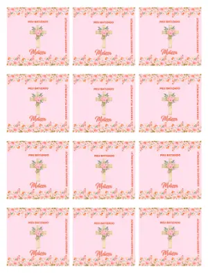 Adesivo para Bala Personalizada Batizado Floral Rosa para Editar e Imprimir