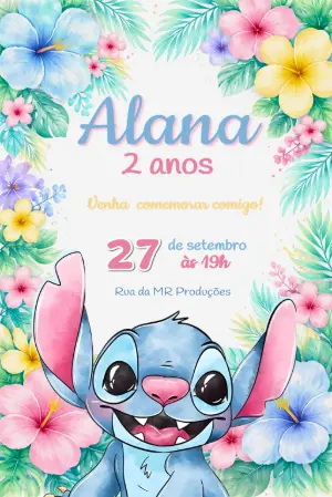 Convite Digital Aniversário Stitch e Flores Tropicais Editável