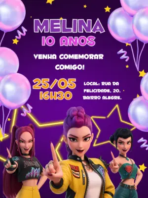 Convite Aniversário K-Pop com Guerreiras para Editar Online