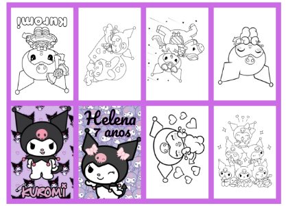 Mini Livro de Colorir Kuromi Editável com Desenhos para Colorir