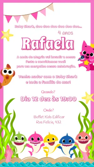 Convite de Aniversário Baby Shark Rosa Editável para Menina