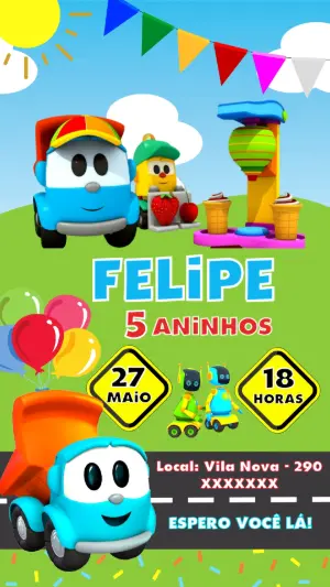 Convite de Aniversário Léo o Caminhão Colorido para Editar