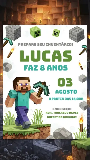 Convite de Aniversário Minecraft com Personagens para Editar