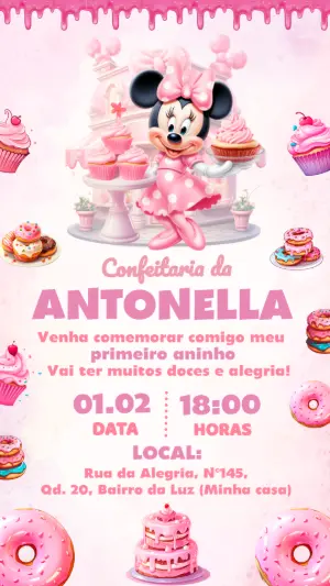 Convite de Aniversário Minnie Confeitaria Rosa para Editar